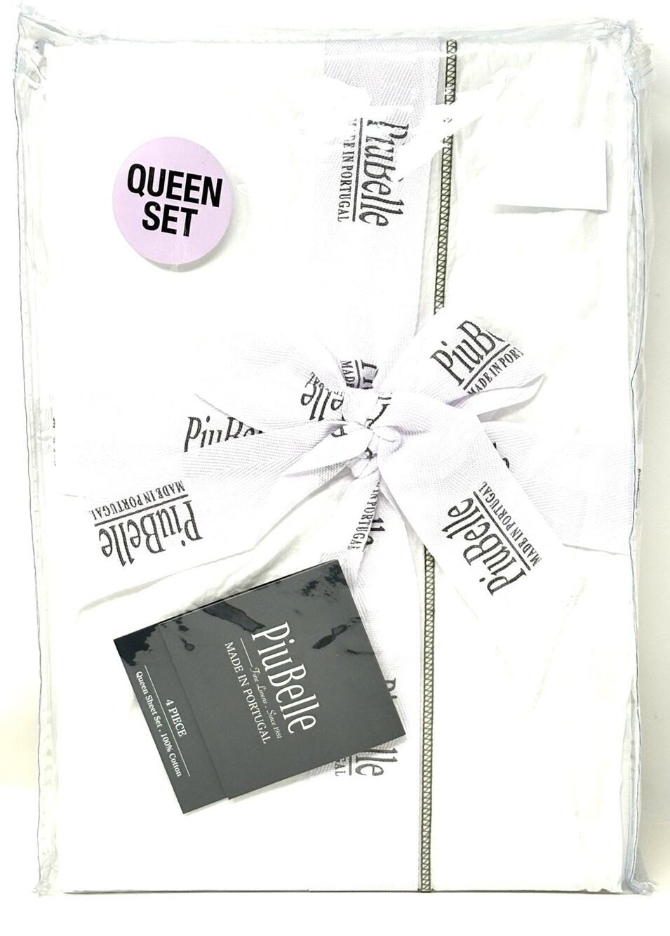 Piu Belle White Queen Sheet Set 100% Cotton Olive Green Hemstitch Border Trim